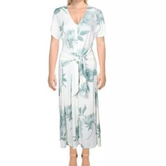 36. NWT Alfani Cream & Green Floral Print Tie Dress - Picture 3 of 3